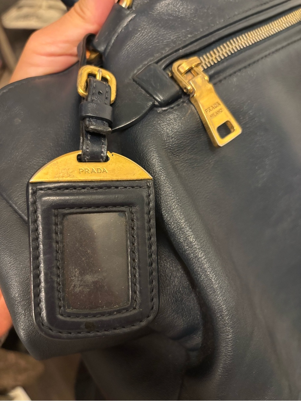 Prada Navy Calf Leather Messenger Bag with Gold Hardware with COA